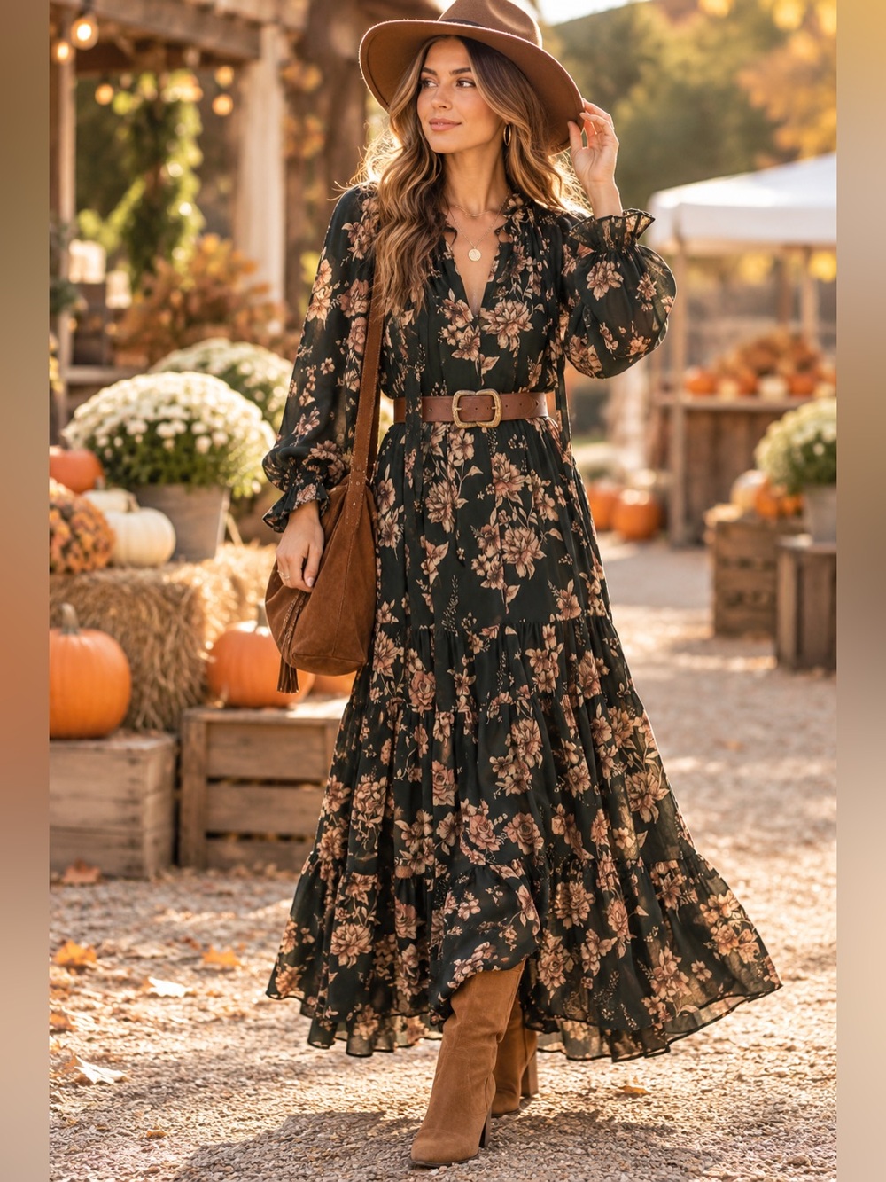 Free People Dark Green Floral Tiered Maxi Dress M Detachable Slip Fall Boho